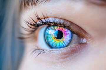 Wall Mural - Close up of a vibrant human eye with rainbow colors symbolizing vision diversity and advanced technological perception reflecting the future of human sight and artificial intelligence