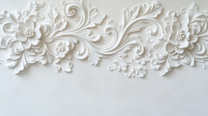 A white wall with a floral design on it. The design is made up of white flowers and leaves, and it is very detailed and intricate. Scene is elegant and sophisticated