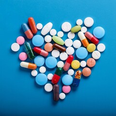 Colorful drug pills on blue background, pharmaceutical concept