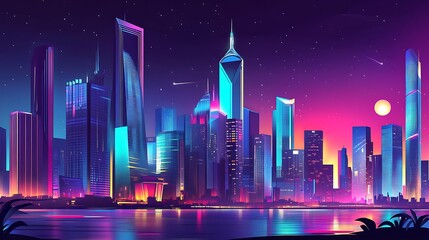 Wall Mural - A vibrant, dynamic city skyline illuminated at night, offering a clear, open sky for highlighting text or creative ideas.






