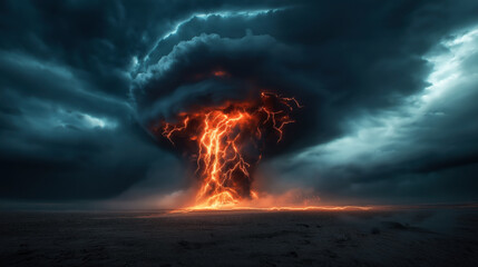 Dramatic scene of an erupting volcano with lightning striking through a towering ash cloud under stormy skies, creating a surreal and intense atmosphere.