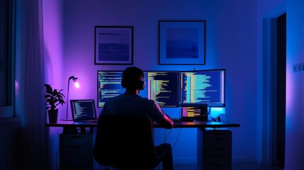 a coder working late at night with multiple monitor in gaming room
