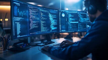 A software developer writing code on a large monitor