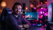 © progressman - a man wearing headphones sitting in front of a computer monitor and keyboard in a room with a lot of lights