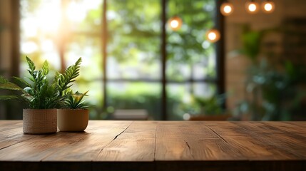 a wooden table with a potted plant on top of it in front of a window with a view of a patio