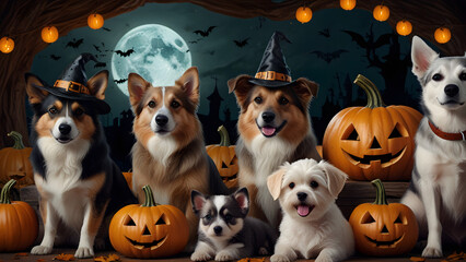 group of cute dogs of halloween