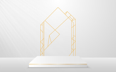 Wall Mural - White podium with elegant gold lines for best awards or product display. Studio or product showroom. Stage or podium. Vector illustration
