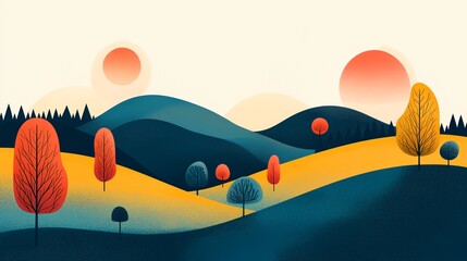 Sticker - a painting of a landscape with trees and hills in the background