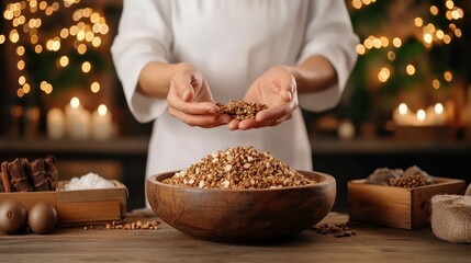 A chef is holding a bowl of food in his hands. The bowl is filled with a variety of nuts and seeds. The scene is set in a kitchen with a wooden table and a few other bowls and containers on it