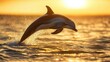 © Emma - Graceful dolphin leaping out of the ocean, splashing water droplets, golden sunset in the background