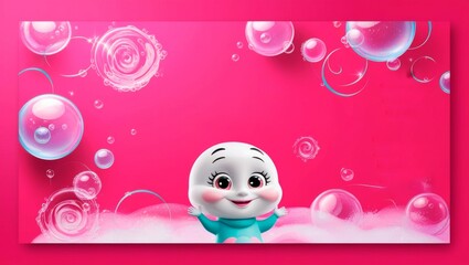 A cheerful animated character is popping out of frothy bubbles on a vibrant pink background