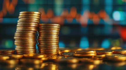 Stacks of gold coins with a background of financial trading graphs