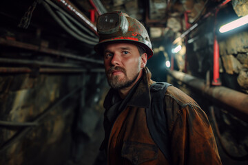 Miner in Underground Tunnel Wearing Safety Gear and Headlamp