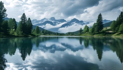 Wall Mural - Tranquil mountain lake reflecting serene trees and clouds under a peaceful sky