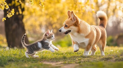 Canvas Print - Corgi and Kitten Playing in Springtime