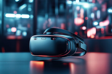 High-tech VR headset mockup placed on a reflective surface with a futuristic, neon-lit background. The elegant design is highlighted by the ambient glow and modern setting.