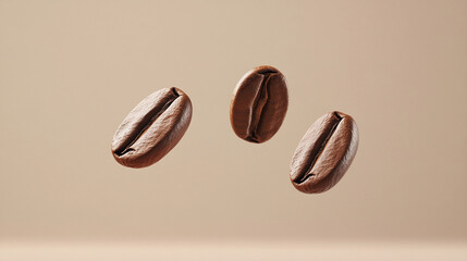 Roasted brown coffee beans falling in a row on a light brown