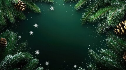 Wall Mural - dark green christmas background with fir trees, snowflakes and empty space. copy space for your text