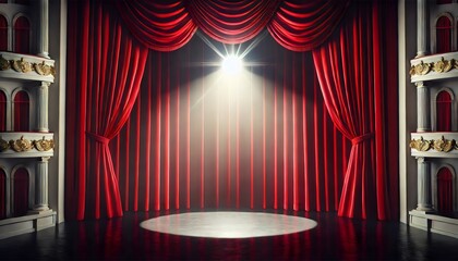 A beautifully lit theater stage with grand red curtains and a spotlight illuminating the center