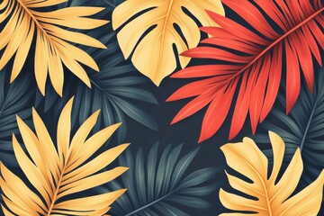 Wall Mural - Vibrant tropical leaves in various colors create a striking botanical pattern on a dark background, perfect for summer decor.