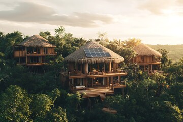 Luxurious eco friendly treehouses with solar panels in tropical jungle at sunset