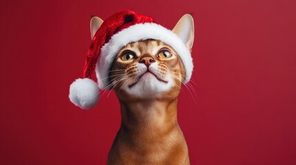 happy cheerful Abyssinian cat wearing santa clause hat set against red background