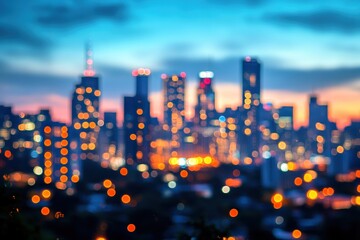 A captivating city skyline at dusk, showcasing vibrant lights and a dreamy atmosphere with a beautiful bokeh effect.