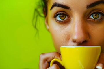 Sticker - A woman is drinking coffee from a yellow cup