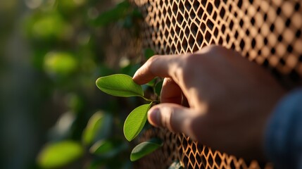 A person's hand gently touches green leaves growing through a metal grid, highlighting the connection between nature and human interaction in a moment of sunlight.