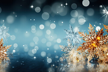 Wall Mural - Christmas background with snowflakes and bokeh. Winter holidays celebration backdrop with snow on blurred background.