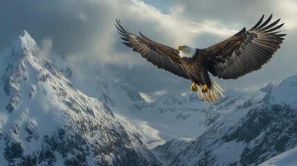 Poster - Majestic Bald Eagle Soaring Over Snowy Mountains