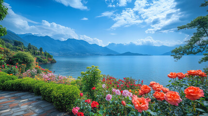  beautiful flowers on shore of lake, open garden with colorful roses in bloom. mountains under blue sky background.