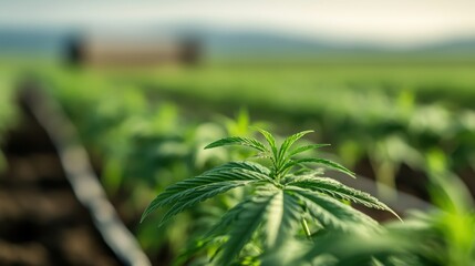 A lush cannabis plant in focus with expansive green foliage growing in an outdoor field, illustrating the vibrant, healthy growth and potential yield of a natural farming environment.