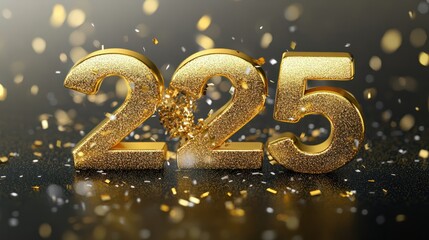 Modern happy new year 2025 design with gold numbers decorated with luxurious shiny glitter. Premium design for new year celebration.