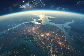 Wall Mural - Futuristic city aerial view at night. Structure of sci-fi metropolis with neon lights from the bird view