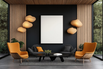 Sticker - Modern living room interior with a blank vertical canvas mockup on a dark accent wall.