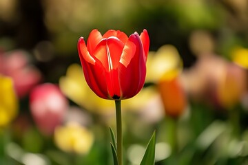 Single red tulip blooming in a field of colorful flowers, spring flower bloom