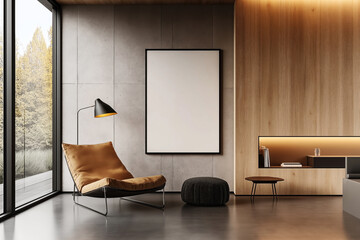 Canvas Print - Modern interior scene featuring a blank, vertical mockup poster frame hanging on a concrete wall. The room is decorated with a mustard-colored lounge chair, a black floor lamp