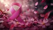 © zhou yan - A pink cancer awareness ribbon displayed on a delicate background filled with pink flowers and petals, rendered in a soft focus effect. This 3D rendering evokes a sense of hope, strength, and solidari