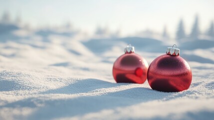 Wall Mural - red christmas balls in snow, xmas decoration in empty white winter landscape with advertising space