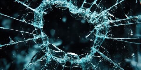 Detailed close-up of a spider's web broken glass with a central hole