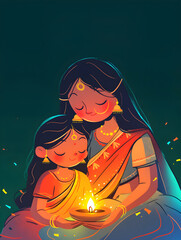 Mom and daughter hold diya oil lamps on green background. Diwali celebration greeting card. Deepavali illustration with copy space. Hindu festival of lights. Pongal, Ugadi, Gudi Padwa Indian holidays.