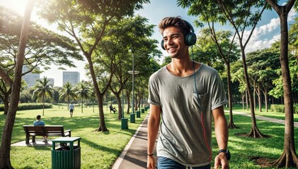 Smiling young man in casual attire enjoys serene park setting, conveying relaxed urban outdoor exper