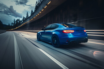 A blue car is driving down a road with a tunnel in the background