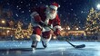 © Johannes - Santa plays hockey on a skating rink in the evening.