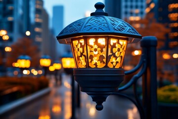 Bokeh background featuring the warm glow of street lamps, softly illuminating a quiet city street