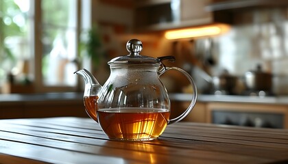 Wall Mural - Illuminated glass teapot casting soft reflections on the kitchen table