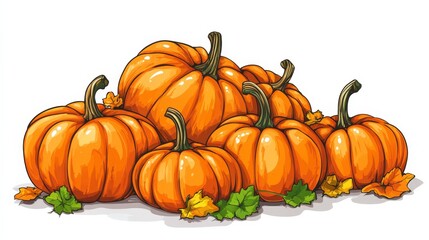 Wall Mural - A cluster of ripe pumpkins with autumn leaves.