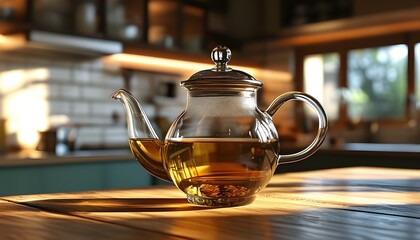 Wall Mural - Illuminated glass teapot casting soft reflections on the kitchen table