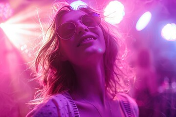 Wall Mural - A woman is smiling and wearing sunglasses in a brightly lit room, generative ai image